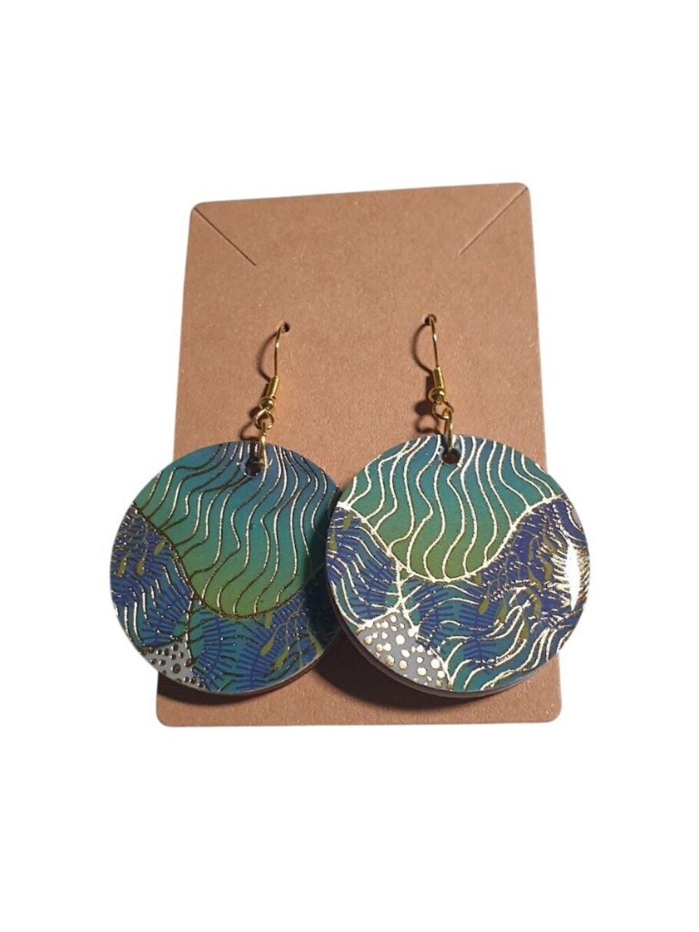 Handmade Wooden Round Dangle Earrings Lightweight Multicolor Abstract Wave Hook